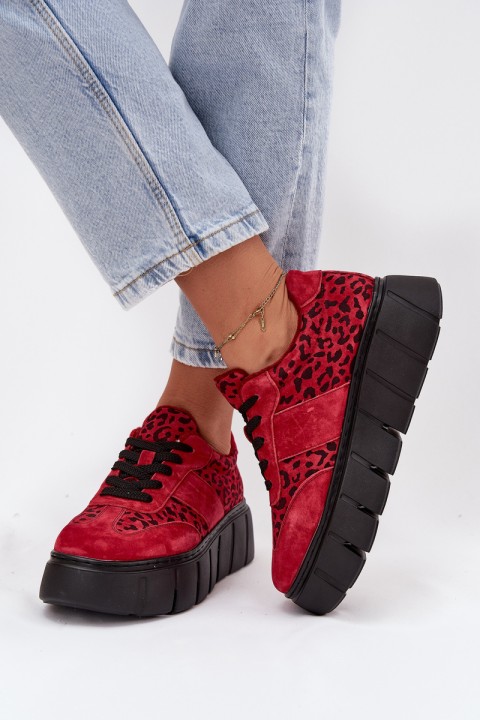 Suede Insulated Women's Sneakers On a Thick Platform Vinceza 66841 Leopard Red