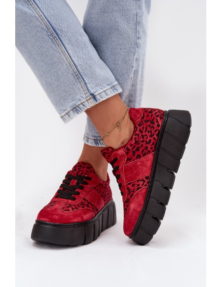 Suede Insulated Women's Sneakers On a Thick Platform Vinceza 66841 Leopard Red