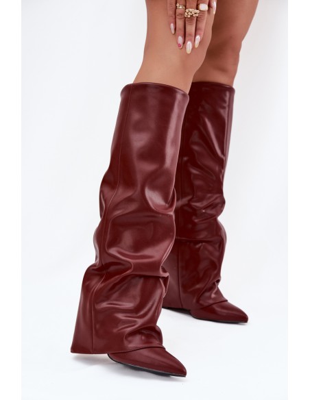 Insulated Women's Boots with Rolled Shaft on a Heel Bordeaux Elivira