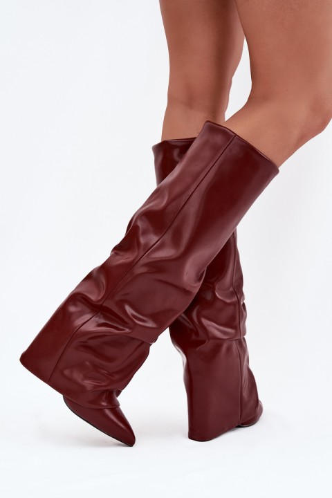 Insulated Women's Boots with Rolled Shaft on a Heel Bordeaux Elivira