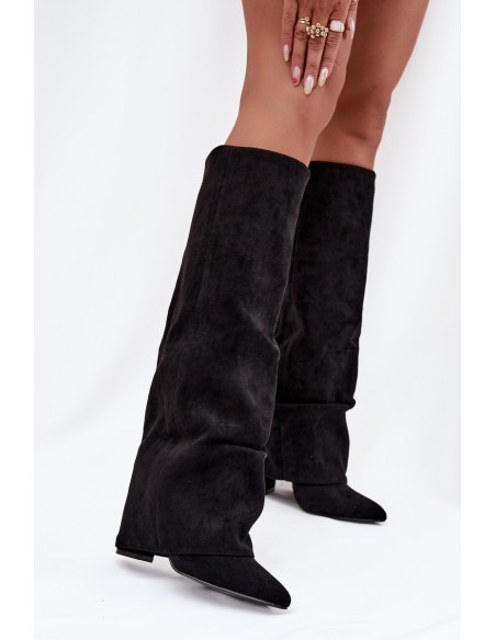 Insulated Women's Boots with Turned Shaft on Heel Eco Suede Black Elivira