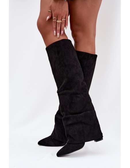 Insulated Women's Boots with Turned Shaft on Heel Eco Suede Black Elivira