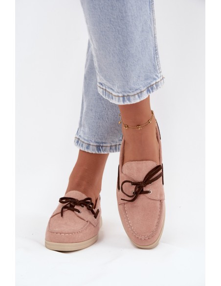Moteriški mokasinai su raišteliais šviesiai rožinės spalvos Calivra