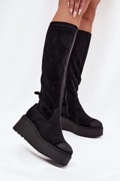 Womens Knee High Platform And Wedge Boots Black Vinceza 58342