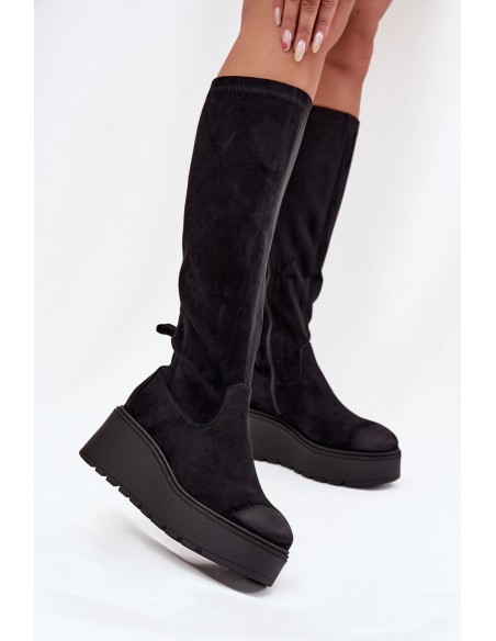 Womens Knee High Platform And Wedge Boots Black Vinceza 58342