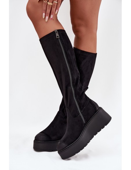 Moteriški aulinukai iki kelių su platforma ir pleištu, juodi, Vinceza 58342