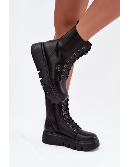 Suede Boots Workery on Massive Platform Wedge Heel Black Lavica