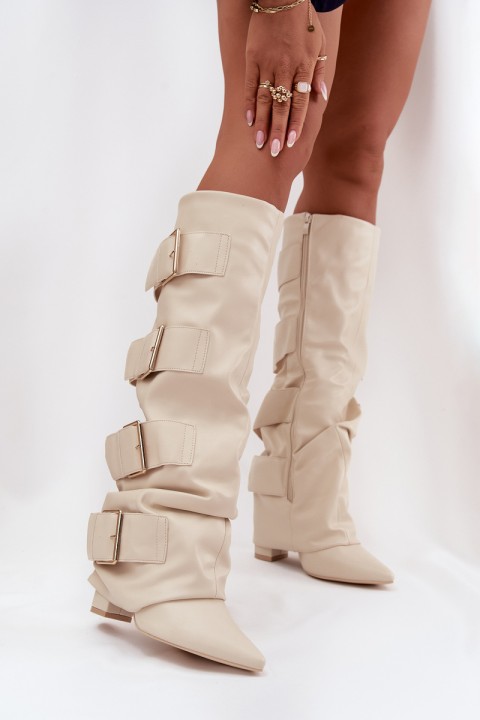 Women's High Heel Boots with Turned-up Shaft and Golden Buckles Light Beige Isavelle