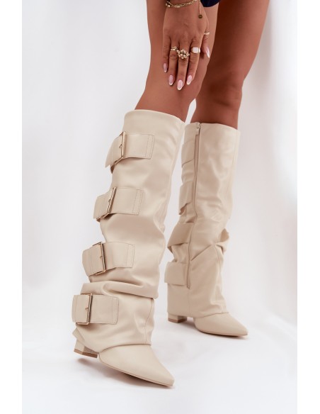 Women's High Heel Boots with Turned-up Shaft and Golden Buckles Light Beige Isavelle