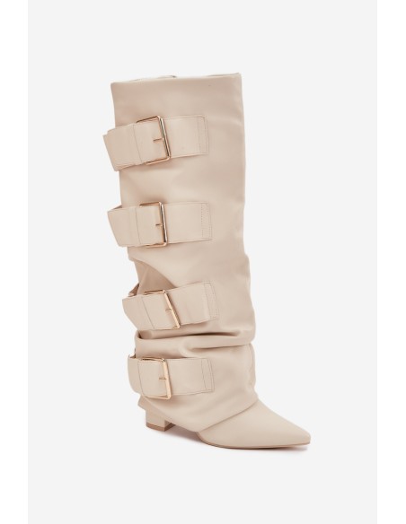 Women's High Heel Boots with Turned-up Shaft and Golden Buckles Light Beige Isavelle