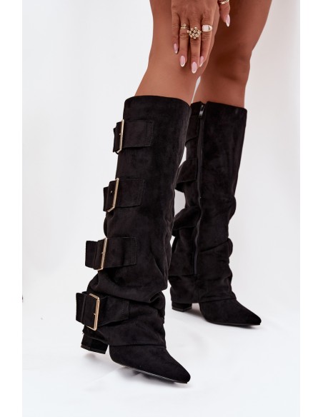 Women's heeled boots with turned-up shaft and gold buckles eco suede black Isavelle