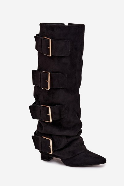 Women's heeled boots with turned-up shaft and gold buckles eco suede black Isavelle 2