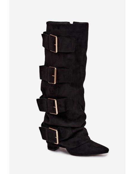 Women's heeled boots with turned-up shaft and gold buckles eco suede black Isavelle
