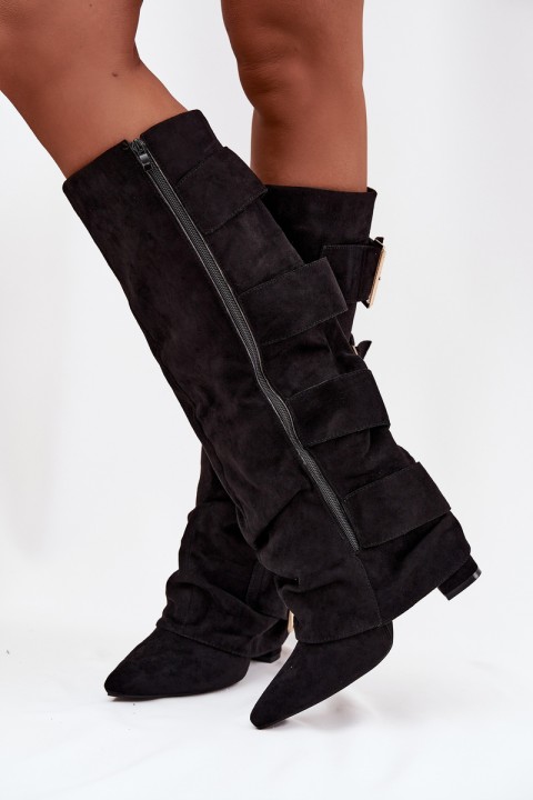 Women's heeled boots with turned-up shaft and gold buckles eco suede black Isavelle