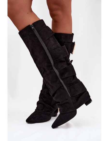 Women's heeled boots with turned-up shaft and gold buckles eco suede black Isavelle