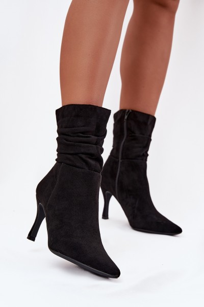Women's Ankle Boots On Heel With Wrinkled Shaft Eco Suede Zipper Black Ulisse