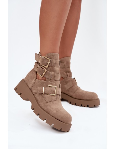 Women's Ankle Boots with Straps and Silver Clamps Beige Helisse