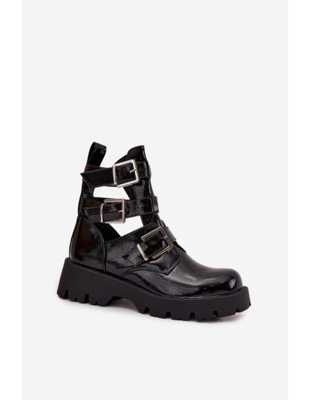 Lacquered Women's Boots with Straps and Silver Clamps Black Helisse