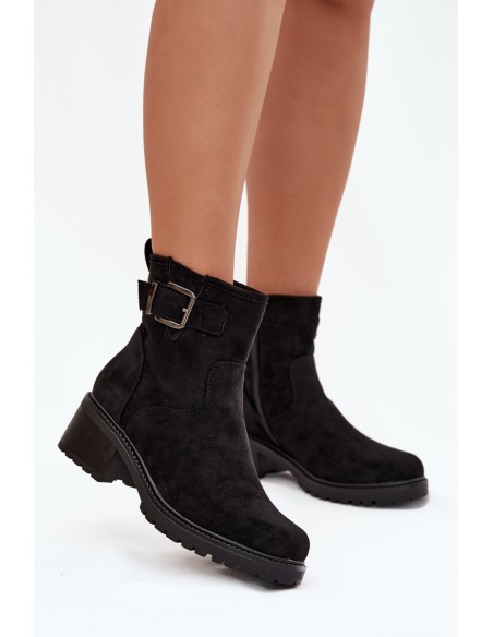 Insulated Women's Ankle Boots Low Heel Block with Buckle Black Helvina