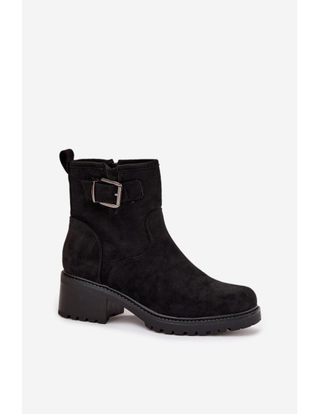 Insulated Women's Ankle Boots Low Heel Block with Buckle Black Helvina