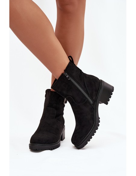 Insulated Women's Ankle Boots Low Heel Block with Buckle Black Helvina