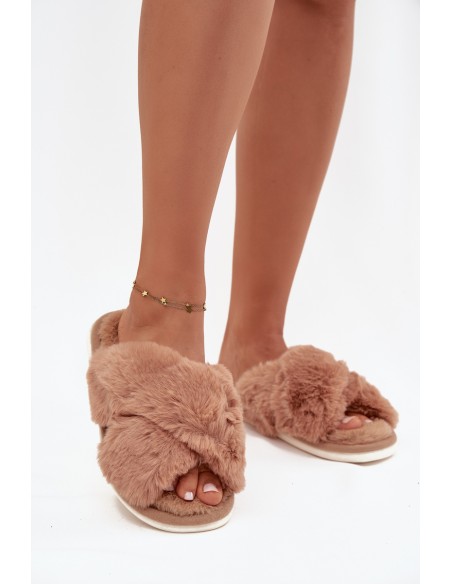 Furry Women's Slippers With Intertwined Straps Camel Quenelle