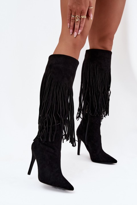 Women's High Heel Boots with Fringes Black Isalune