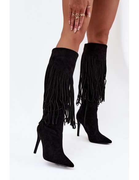 Women's High Heel Boots with Fringes Black Isalune