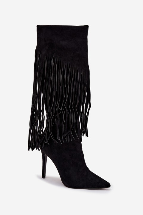 Women's High Heel Boots with Fringes Black Isalune