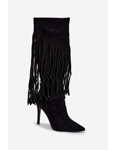 Women's High Heel Boots with Fringes Black Isalune