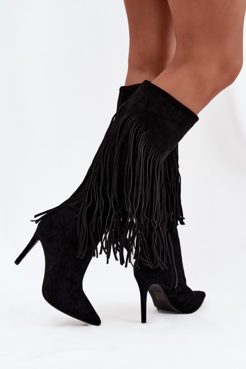 Women's High Heel Boots with Fringes Black Isalune