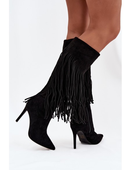 Women's High Heel Boots with Fringes Black Isalune