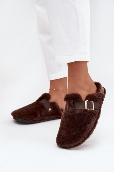 Faux fur women's slippers on a platform with a strap and buckle brown Noraline