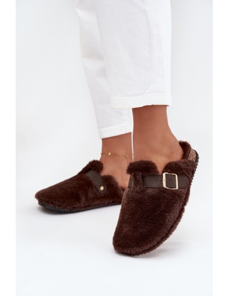 Dirbtinio kailio moteriškos šlepetės ant platformos su dirželiu ir sagtimi, rudos spalvos Noraline