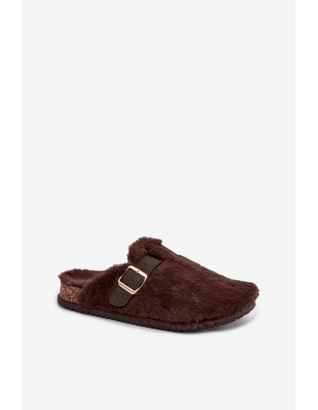 Dirbtinio kailio moteriškos šlepetės ant platformos su dirželiu ir sagtimi, rudos spalvos Noraline