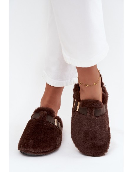 Dirbtinio kailio moteriškos šlepetės ant platformos su dirželiu ir sagtimi, rudos spalvos Noraline