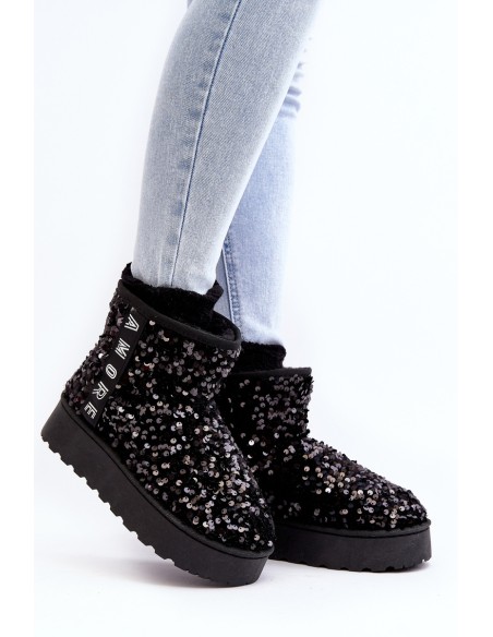 Women's Snow Boots On Platform Embellished With Rhinestones Black Silmo