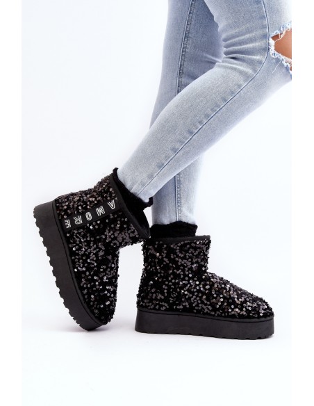 Women's Snow Boots On Platform Embellished With Rhinestones Black Silmo