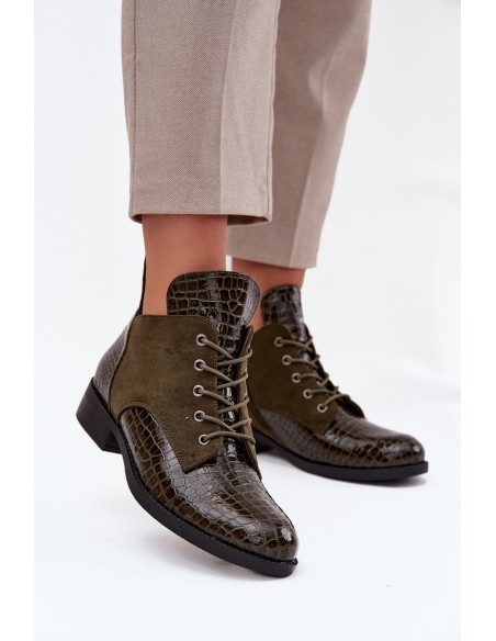 Patent Leather Women's Ankle Boots With Decorative Embossing Lined Vinceza 16477 Dark Green