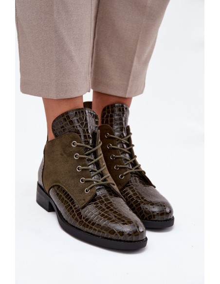 Patent Leather Women's Ankle Boots With Decorative Embossing Lined Vinceza 16477 Dark Green