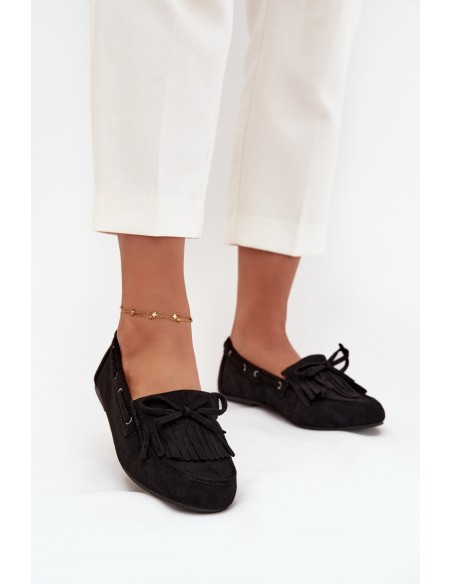 Women's moccasins with fringes and bow black Olivianne