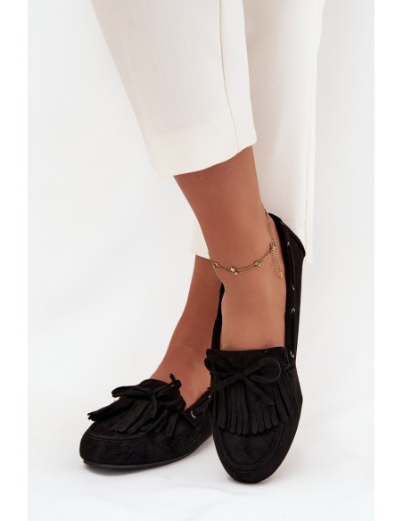 Women's moccasins with fringes and bow black Olivianne