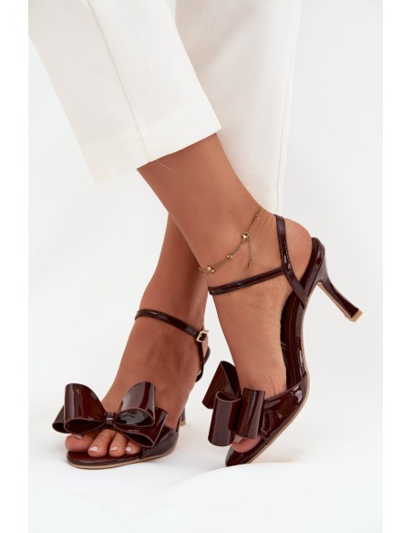 Patent leather high heel sandals with bow chocolate Noliva