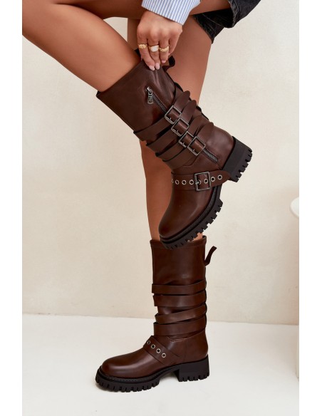 Insulated women's boots with straps and buckles brown Ivaline