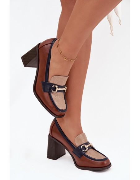 Women's Low Heel Shoes with Embossing and Gold Detail Beige-Brown Novella