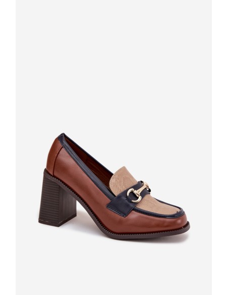 Women's Low Heel Shoes with Embossing and Gold Detail Beige-Brown Novella