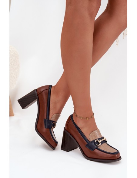 Women's Low Heel Shoes with Embossing and Gold Detail Beige-Brown Novella