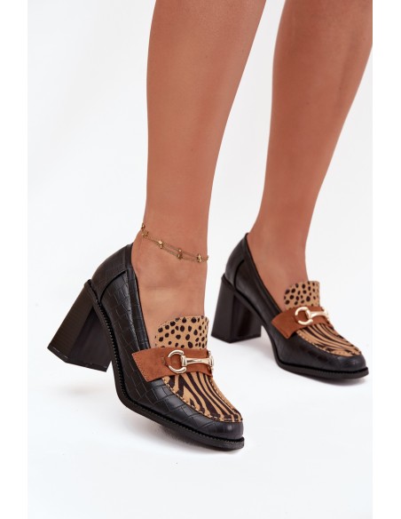 Women's Low Shoes with Heel with Embossing and Gold Detail Black-Beige Novella