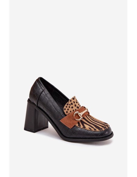 Women's Low Shoes with Heel with Embossing and Gold Detail Black-Beige Novella