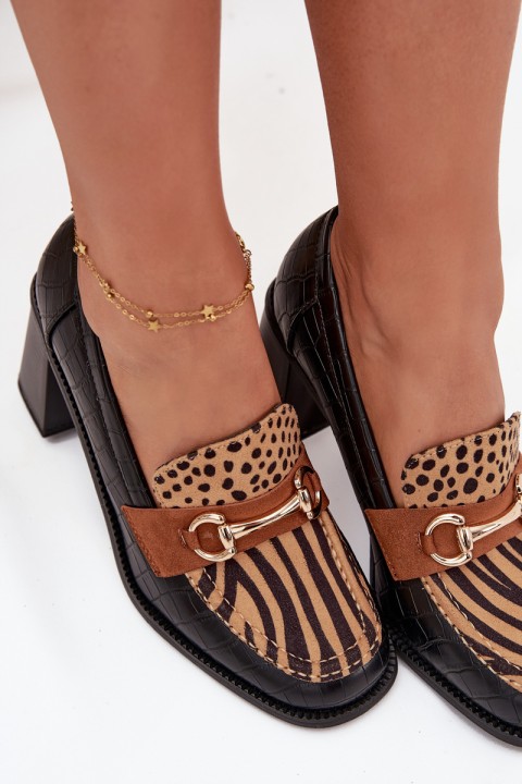 Moteriški žemi bateliai su kulnu, įspaudu ir auksinėmis detalėmis, juodos-smėlinės spalvos, „Novella“